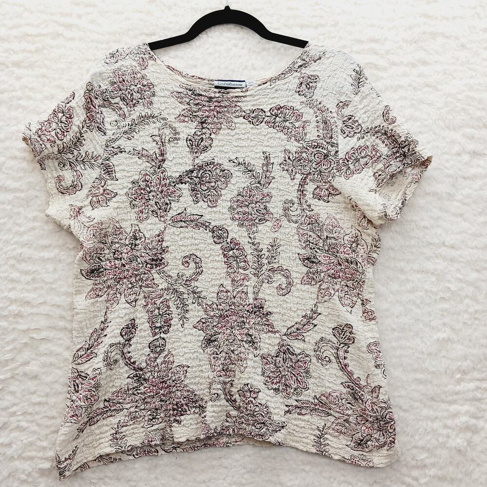 T-Shirt Women Beige Floral Pink Casual Cottagecore Bloomcore Y2K Crinkle Sz PXL